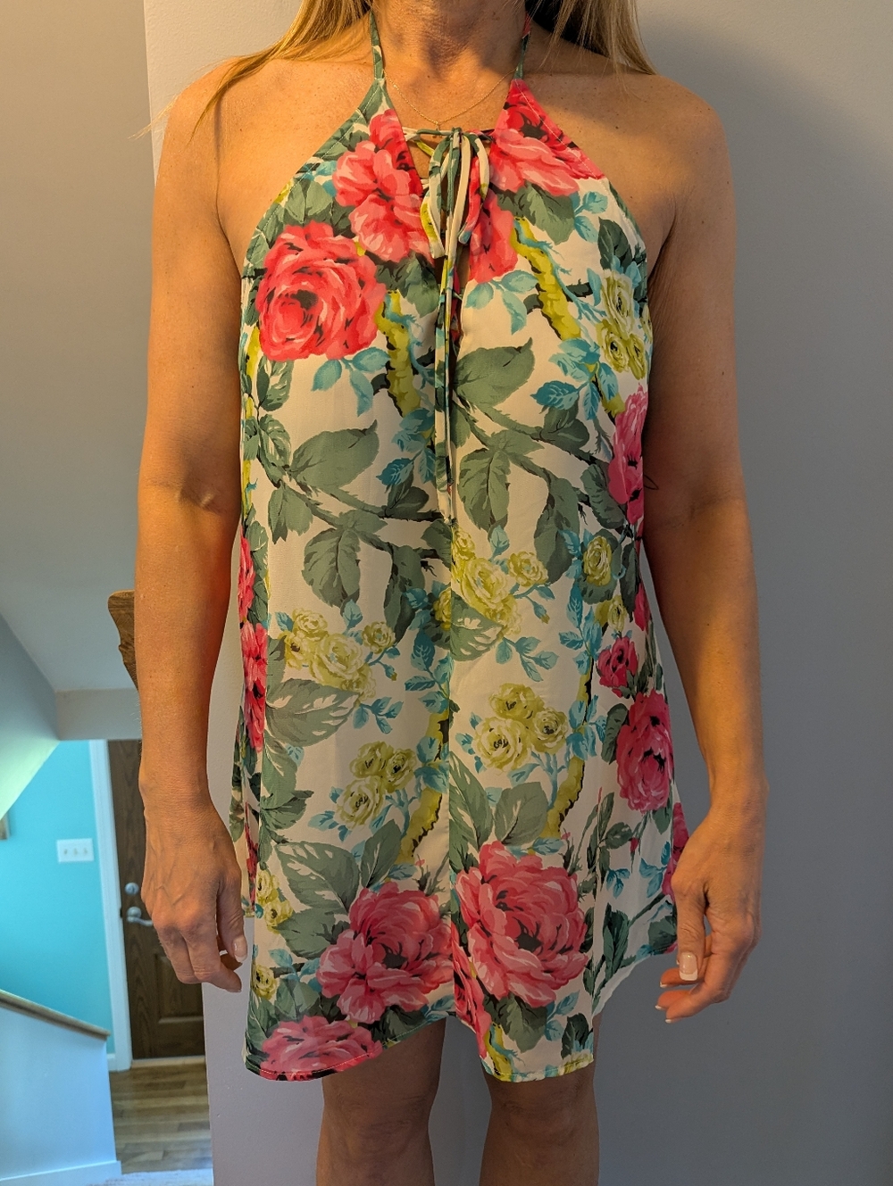 Show Me Your Mumu Floral Halter Summer Dress in Cream with Pink & Green. Medium